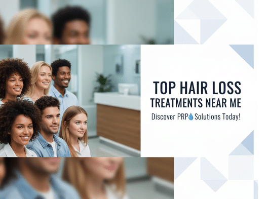Group of diverse people smiling in a clinic setting promoting top hair loss treatments and PRP solutions.