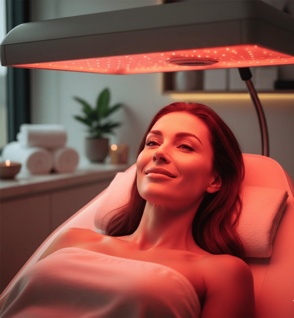 Woman relaxing under a red LED light therapy panel during a skin rejuvenation treatment in a spa setting.