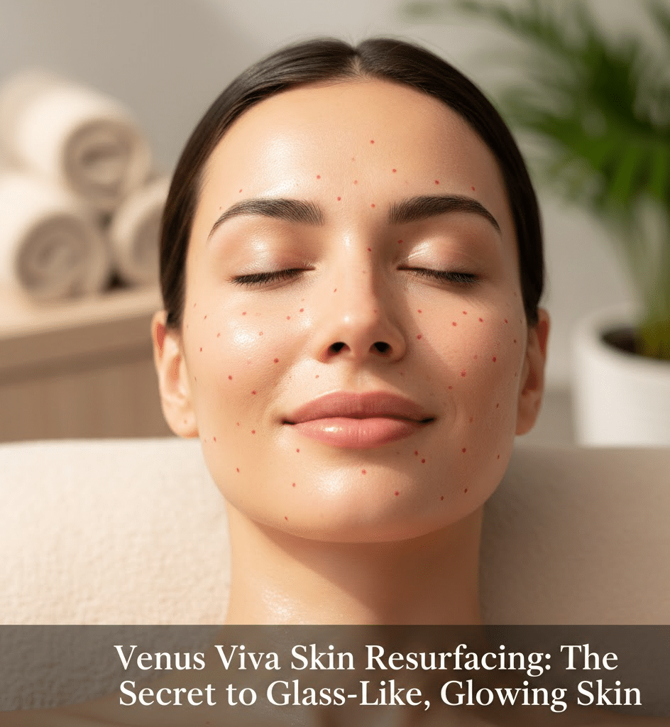 Woman with small red treatment dots on her face relaxing during a Venus Viva skin resurfacing procedure in a spa setting.