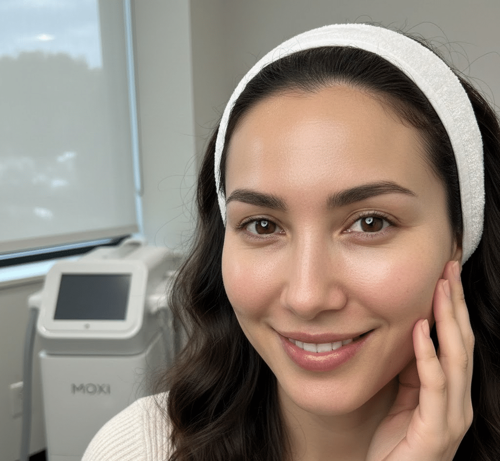 Woman with a white headband smiling after a skincare treatment, with a Moxi laser machine visible in the background.