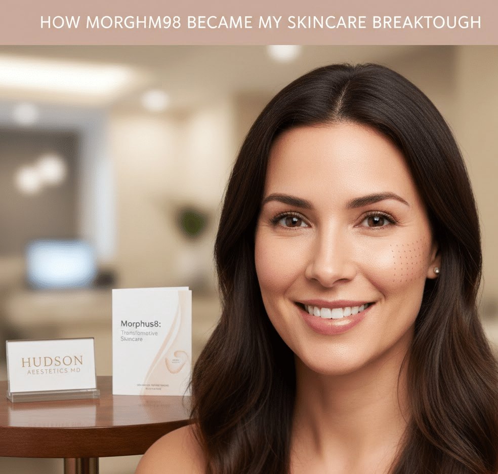 Smiling woman in a skincare clinic with dotted marking on her cheek, showcasing Morpheus8 treatment results and skincare products displayed on a table.