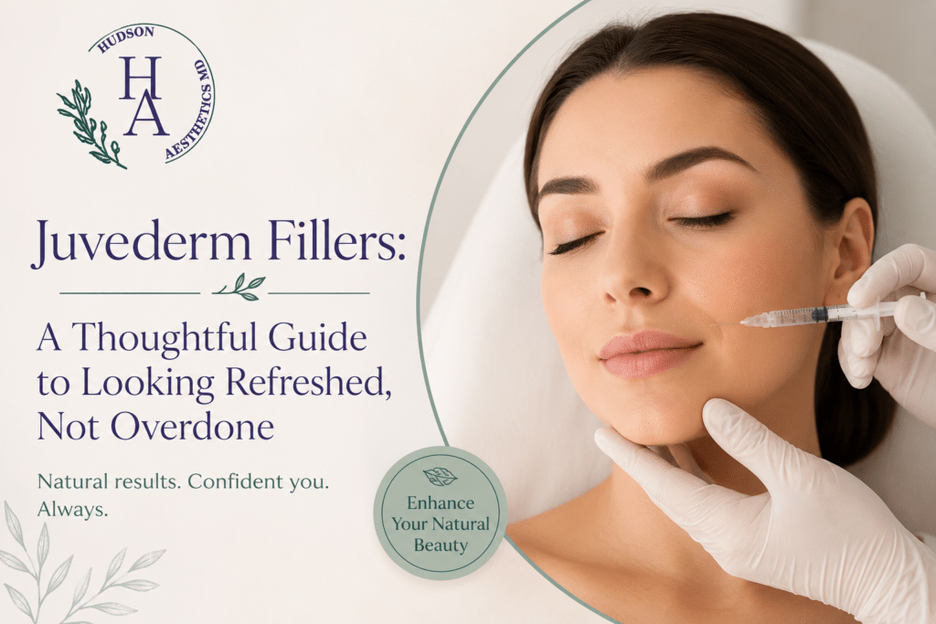 Woman receiving Juvederm facial filler treatment at Hudson Aesthetics MD, highlighting natural-looking cosmetic enhancements for a refreshed, youthful appearance.