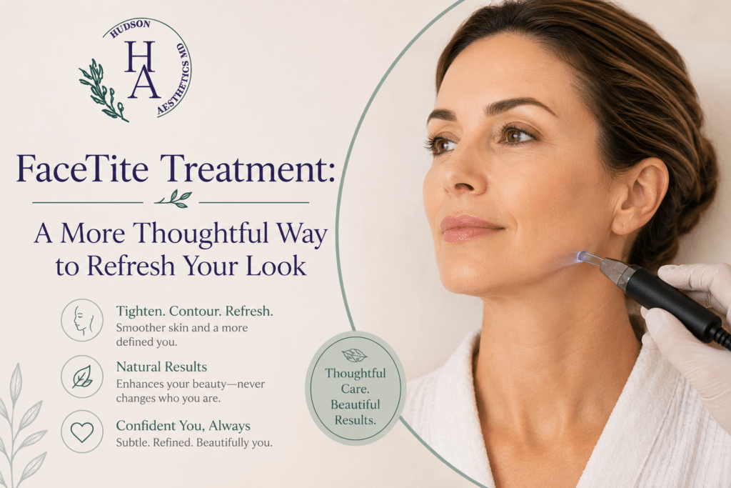 "Woman receiving FaceTite treatment at a luxury aesthetic clinic with elegant branding, showcasing a minimally invasive facial contouring procedure for natural-looking skin tightening and rejuvenation."
