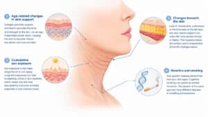 Medical illustration showing four causes of turkey neck: age-related collagen and elastin loss, cumulative sun exposure, changes beneath the skin, and genetics and smoking.